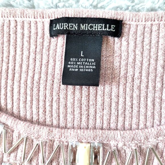 Lauren Michelle Sweater Women Large Pink 3/4 Sleeve Ribbed Beaded Western - Picture 3 of 9